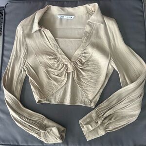 Zara Beige Cropped Twist-Front Long Sleeve Top